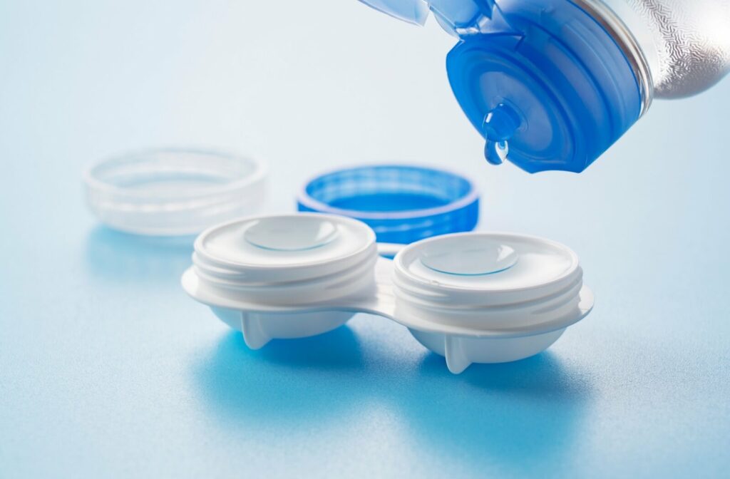 Close-up of contact lenses in solution, highlighting the importance of checking expiration dates for both lenses and solutions to ensure safe use and avoid irritation or infection